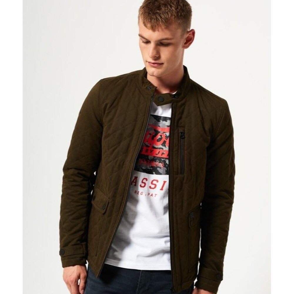 Superdry Olive Green Mens City Microfibre Quilted Pocket Cotton Poly Jacket Sz M